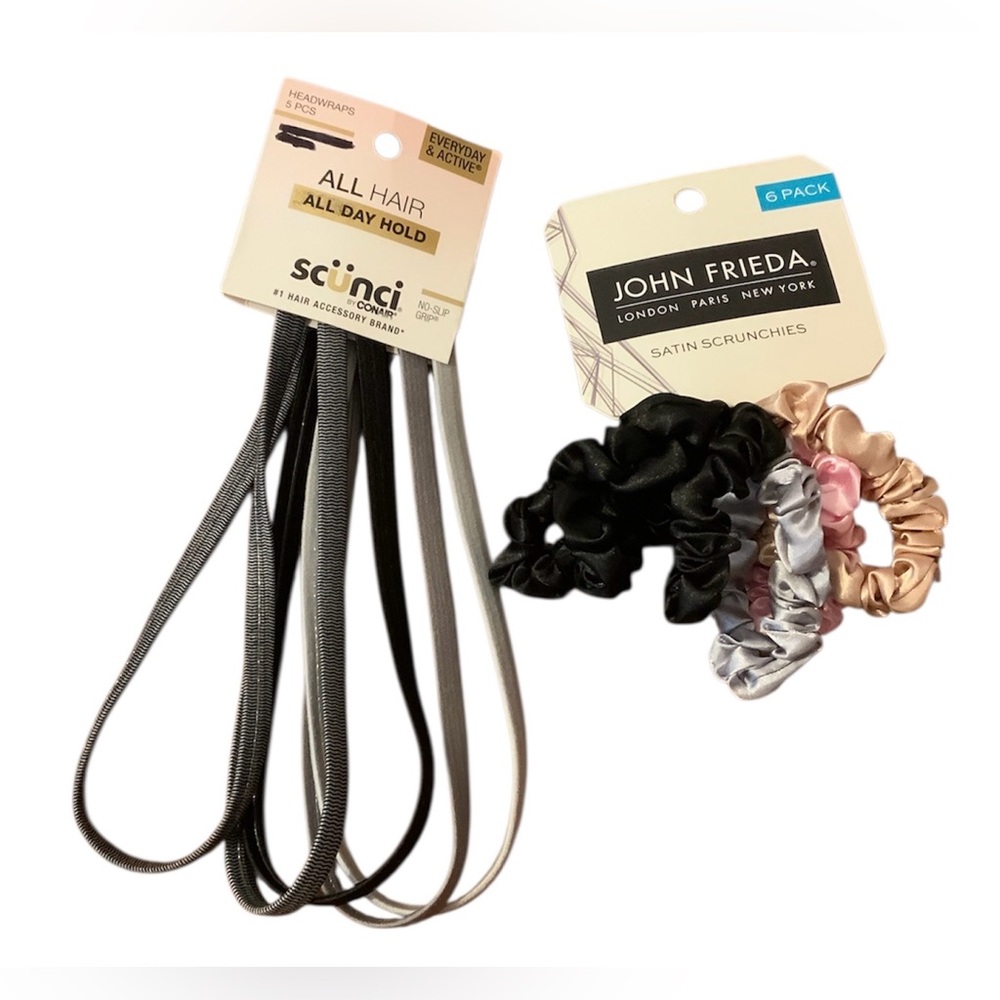 Set of 2 Hair Accessory Packs: Scunci Headwraps and John Frieda Satin Scrunchies